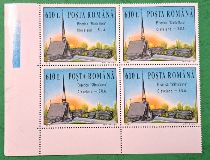 TIMBRE ROMANIA MNH LP1364/1994 Biserica Sf. Maria -Cleveland -BLOC DE 4 timbre