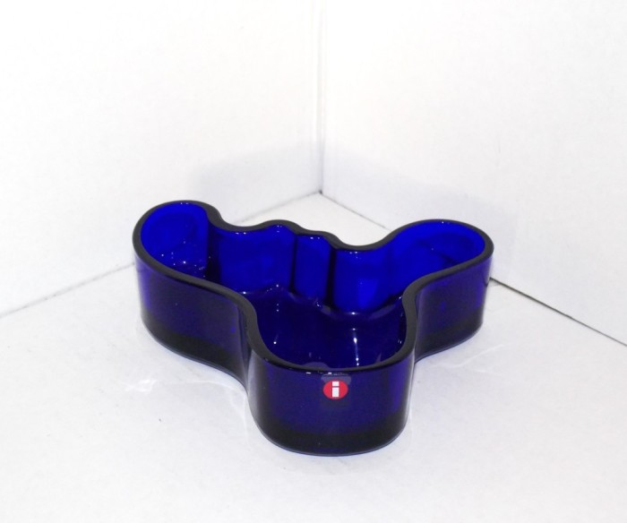 Bol sticlă royal cobalt blue, suflat manual - Fluid form - design Alvar Aalto, Iittala Finland