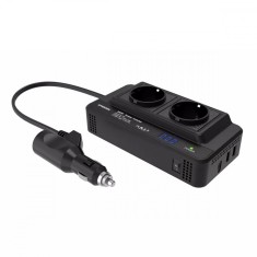 Invertor de tensiune Auto 12V, EMESZON&reg; M8300-2, Putere 200W, Iesire 220V-230V 50Hz si 2xUSB-A + 1xType-C 5V 5.4A, QC 3.0, Negru