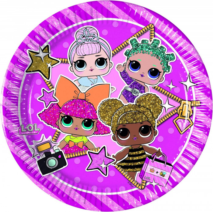 Farfurii pentru petrecere cu personajele LOL, set de 8 bucati, roz, diametru 20 cm, ideale pentru zile de aniversare fetite