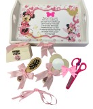 Set Tava Mot Minnie Mouse 6 Piese: Cufar Suvita, Foarfeca, Oglinda, Perie, Panglica - Botez/Taiere Turta, MDF Alb