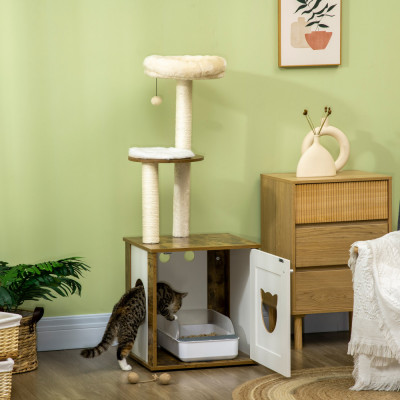 PawHut Ansamblu de pisici cu cutie de gunoi, turn de pisici cu stalpi de zgariat, jucarie cu minge de biban, pentru pisici de interior, maro rustic, 4 foto