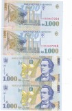Romania 1 000 1000 Lei 1998 P-106 UNC Mihai Eminescu,x2 SERIE CONSECUTIVA
