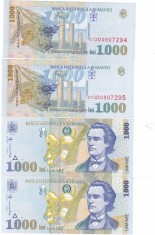 Romania 1 000 1000 Lei 1998 P-106 UNC Mihai Eminescu,x2 SERIE CONSECUTIVA