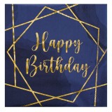 șervețele Petrecere, Happy Birthday, 33x33cm, 2 Straturi, Albastru-Auriu, Set 12 Bucăți, Oem
