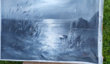Peisaj nocturn tema marina, ulei pe panza 53/66 cm semnat, Marine, Impresionism