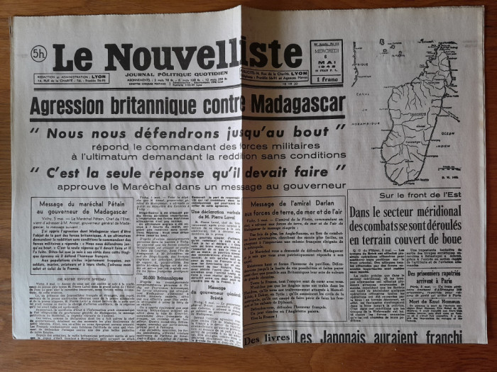 ZIARE Vechi - Le NOUVELLISTE 1942 -stiri al doilea Război mondial.