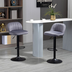 HOMCOM Set de 2 scaune de bar cu efect de catifea cu spatar si suport pentru picioare, 43x45x81-101cm, gri foto