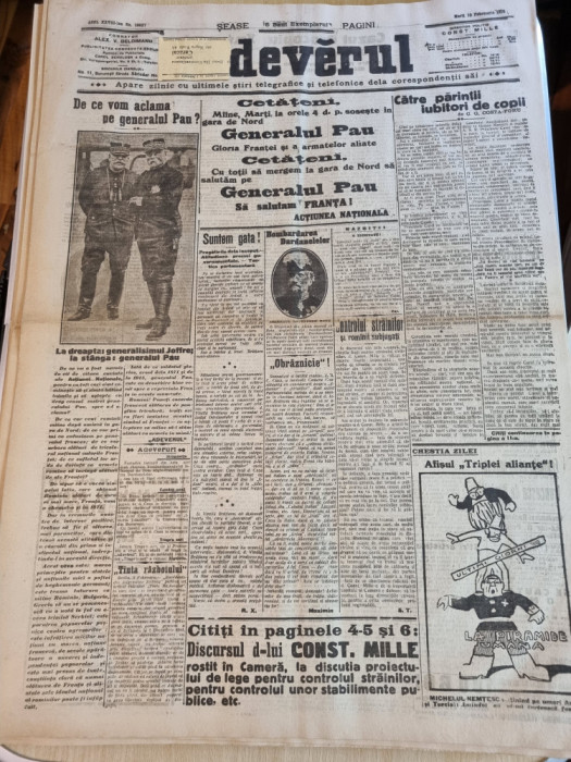 adevarul 10 februarie 1915- razboi mondial,discurs c-tin mille,generalul pau