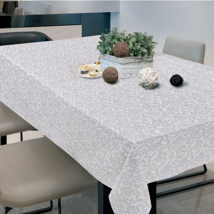 Față de masă Vinilin, Model Dantelă, Culoare Alb Gri, Dimensiuni 180x140 cm