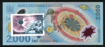 u212 BANCNOTA DE 2000 LEI 1999 ECLIPSA cu timbru stampilata OP1Ramnicu Valcea UNC foto