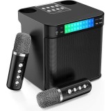 Microfon karaoke copii si adulti, cu difuzor separat, wireless, Bluetooth, modul card TF, 2 microfoane incluse, negru