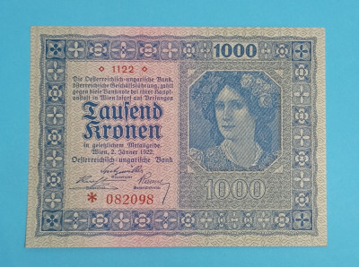 Austria 1.000 Kronen 1922 &amp;#039;Banca Austro-Ungara&amp;#039; aUNC+ serie: 082098 foto