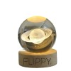 Lampa LED Decorativa, Flippy, cu Bila de Cristal cu Diametru 6cm, Model Saturn 3D, Alimentare USB, Suport din Lemn, Lumina Alb Cald