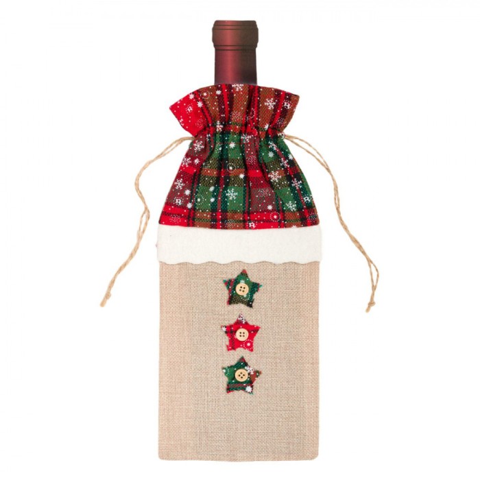 Husă Sticle de Vin, Model Crăciun, Tesătură Bej și Roșie, Carouri Verzi, 14.5x34cm, Poliester