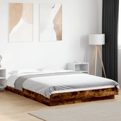 Gossi cadru pat cu lumini led stejar fumuriu 120x190cm lemn prelucrat foto