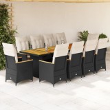 vidaXL Set bistro de grădină, 11 piese, cu perne, negru, poliratan
