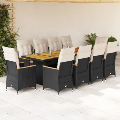 vidaXL Set bistro de grădină, 11 piese, cu perne, negru, poliratan 3277268 foto