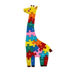 Puzzle educativ pentru copii, din lemn in forma de girafa, 20 piese, 28x12x2 cm