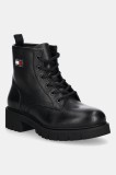 Tommy Jeans cizme de piele TJW LACE UP LEATHER BOOT culoarea negru, cu toc plat, EN0EN02824
