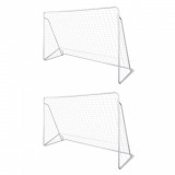 vidaXL 2 Porti Fotbal cu Plasa Otel 240x90x150cm, Albe, Rezistente Intemperii, Incl. Carlige Fixare