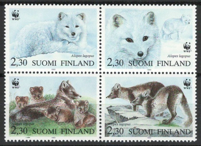 Finlanda 1993 Mi 1202/05 bloc MNH - WWF: Vulpea polara