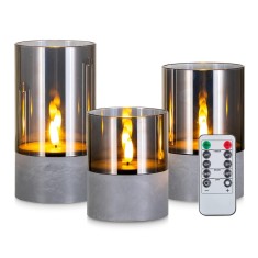 Set 3 lumanari decorative LED Candeldo, functie timer, fara flacara, iluminare ambientala, pentru living si baie, Ceara si ABS, culoare Gri