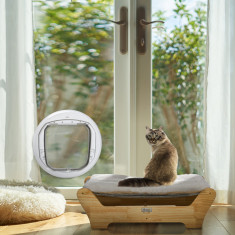 PawHut Set 2 Usa pentru pisici din lemn de pin cu perna detasabila si usa pentru pisici PC cu 4 optiuni de acces, culoare alb gri si lemn foto