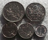 P1. Franta 1 Centime 1968 + 1/2 Franc 1985 1987 + 2 Francs 1982 + 5 1970 **