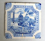 Placa de Delft cu biserica si columna secolul XVIII