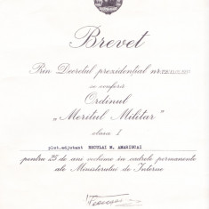 AMS# - BREVET ORDINUL MERITUL MILITAR CL. I, 1984