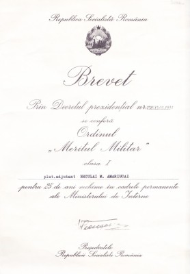 AMS# - BREVET ORDINUL MERITUL MILITAR CL. I, 1984 foto