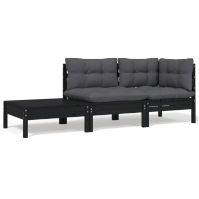 Gossi set mobilier gradina cu perne, 3 piese, negru, lemn masiv pin foto