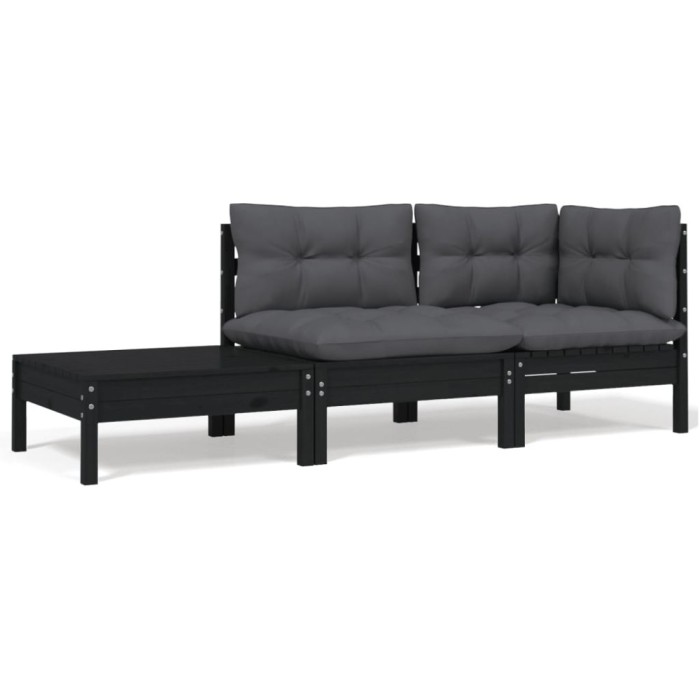 Gossi set mobilier gradina cu perne, 3 piese, negru, lemn masiv pin