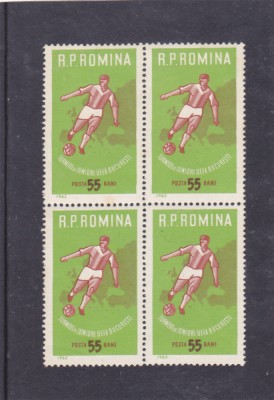 ROMANIA 1962 LP 535 TURNEUL DE JUNIORI U.E.F.A. BLOC DE 4 TIMBRE MNH foto
