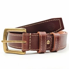 Curea piele naturala 40 mm, Styx, maro inchis, cusatura crem, catarama solida