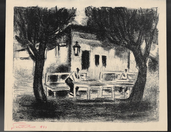 Francisc Sirato - Cafenea la Balcic, litografie, semnat olograf, 1944