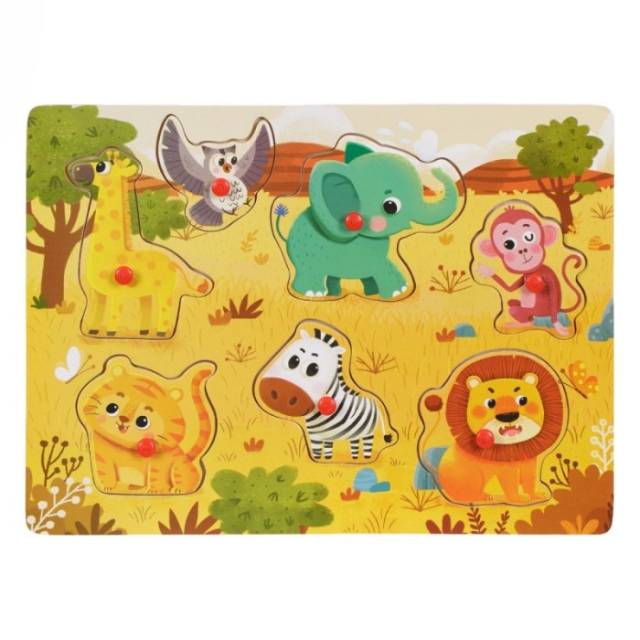 Puzzle Educativ cu Animale- 7 Piese lemn cu maner, Dimensiune 30x22cm