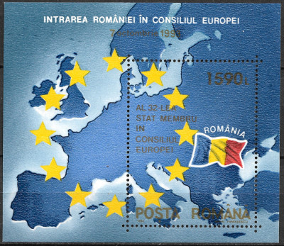 ROM&amp;Acirc;NIA 1993 - LP 1327 - INTRAREA ROM&amp;Acirc;NIEI &amp;Icirc;N CONSILIUL EUROPEI - COLIȚĂ MNH foto