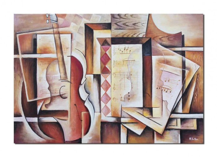 Tablou cubist pictat manual, Creatie muzicala, 100x70cm ulei pe panza, Vlad Soltan