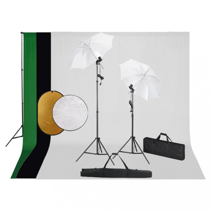 Set studio foto cu lămpi, umbrele, fundal și reflector