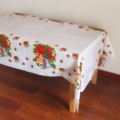 Fata de masa dreptunghiulara flippy, pvc, 2.5 mm grosime, imprimeu clopotei, potrivit pentru craciun, utilizare multipla, 180 x 108 cm, alb
