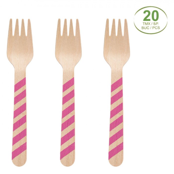 Set Furculițe Lemn 20 Buc, Dungi Fucsia, 16cm