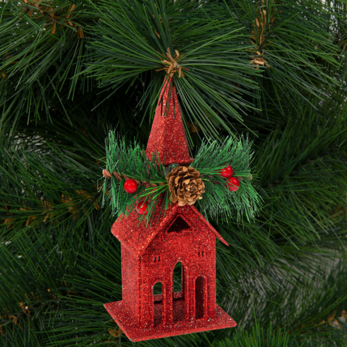 Ornament de brad cu agățătoare - biserică - 16 x 6.5 cm - roșie