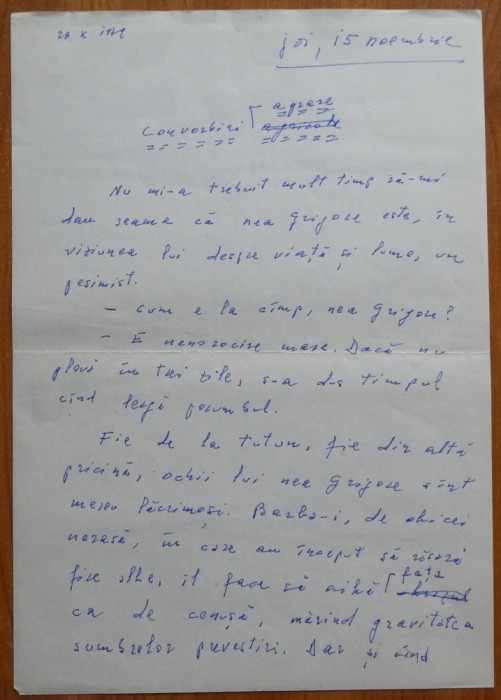 Manuscris olograf Geo Bogza, Convorbiri agrare, 5 pagini, 1979