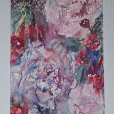Pictura in acuarela neinramata - pictura cu flori mov, nesemnata, 17x24 cm