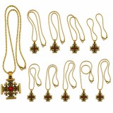 Cumpara ieftin Set 10 coliere aurii 42 cm, Crucea Ierusalimului 23 x 23 mm, cruciulite metalice bilaterale cu insertie rosie, lanturi religioase unisex