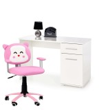 Set birou copii HM Lima B1, usa si sertar, Pal melaminat, alb si scaun birou HM Kitty, piele ecologica, Mecanism de balans, 80 Kg, roz
