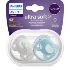 Suzete Ultra Soft SCF091/15 pentru 6-18 luni Bleu/Gri, 2 bucati, Philips Avent