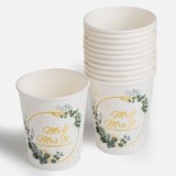 Pahare de petrecere din carton, 240ml, 12 buc, Albe, cu model Mr &amp; Mrs, CMCLASS